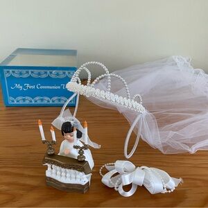 Vtg Holy Communion Veil Lace Trim Bead Head Cover -with Cake Topper - Barrette